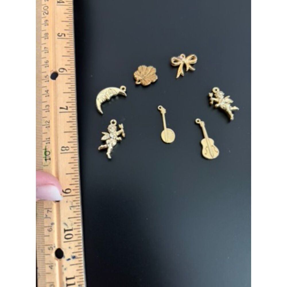 vtg Gold metal mini charms all with loops for necklace, sewing etch